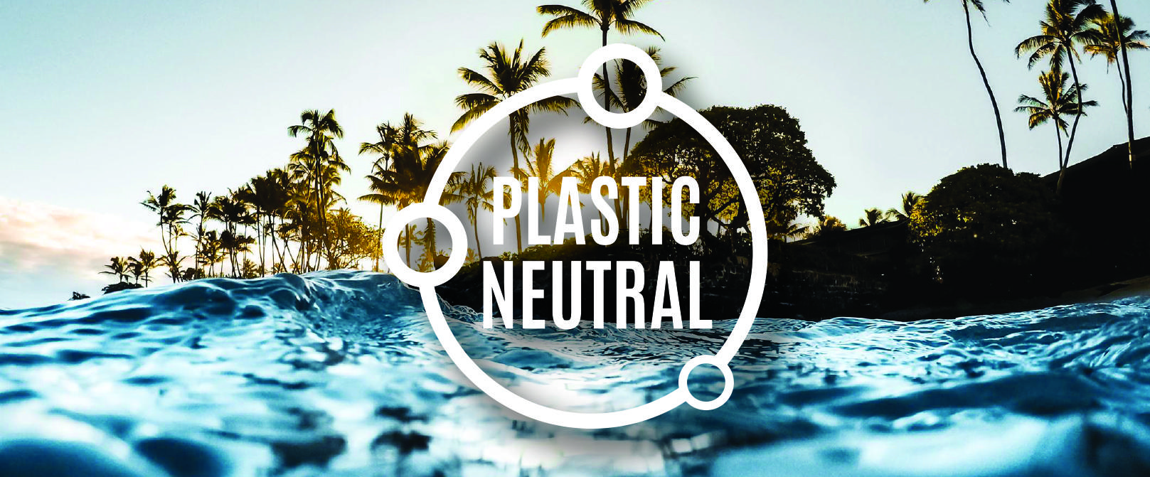 Ocean waves in the foreground with palm trees and a sunset sky in the background. The words "Plastic Neutral" appear in bold white text, surrounded by a circular design, centered on the image.