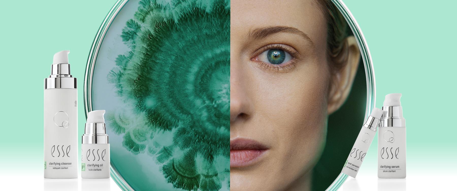 A circular image split in half: the left side shows a teal and green abstract pattern resembling bacteria, and the right side shows a woman’s face with blue eyes. Skincare products labeled "Esse" are displayed at the bottom.