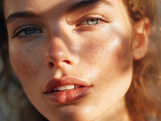 Close-up of a woman's face with light brown hair, blue-green eyes, natural makeup, and visible freckles. Sunlight and shadows highlight her smooth skin and features. She has a calm, neutral expression.