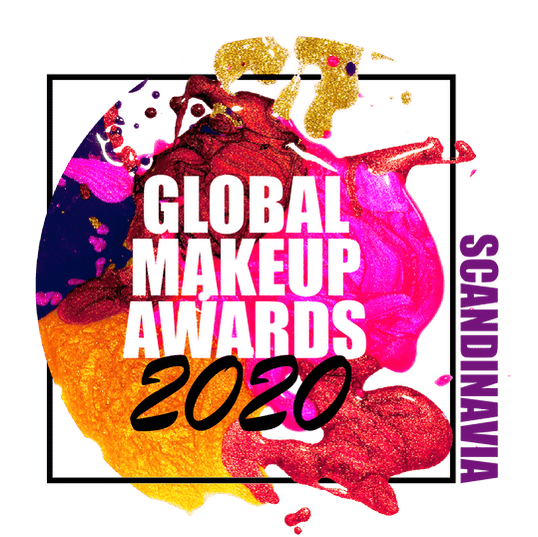 Bold text reading “Global Makeup Awards 2020” is centered over a colorful background of splattered gold, pink, red, and purple makeup. The word “Scandinavia” runs vertically along the right side.