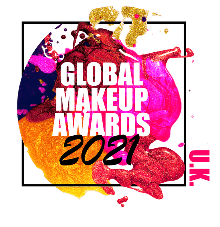 Logo for the Global Makeup Awards 2021 U.K., featuring splashes of gold, pink, red, purple, and orange makeup in a square frame with bold white and black text.