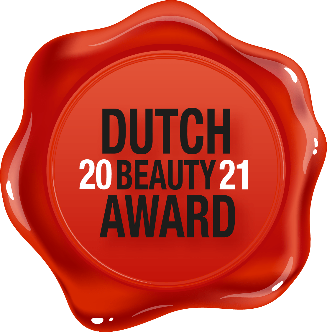 A red wax seal with the text "Dutch Beauty Award 2021" in bold black and white letters at the center.