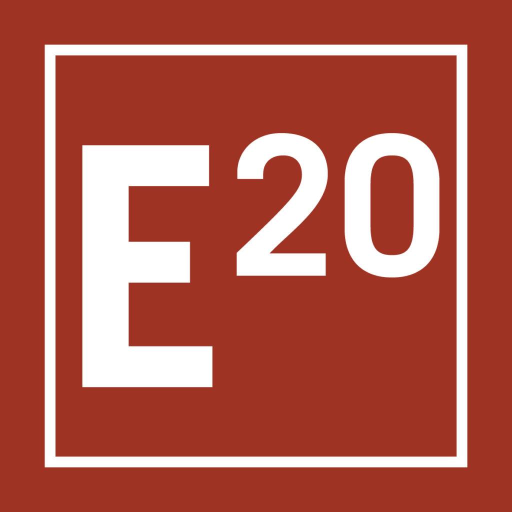 White letter "E" and the number "20" inside a white square border on a solid reddish-brown background.