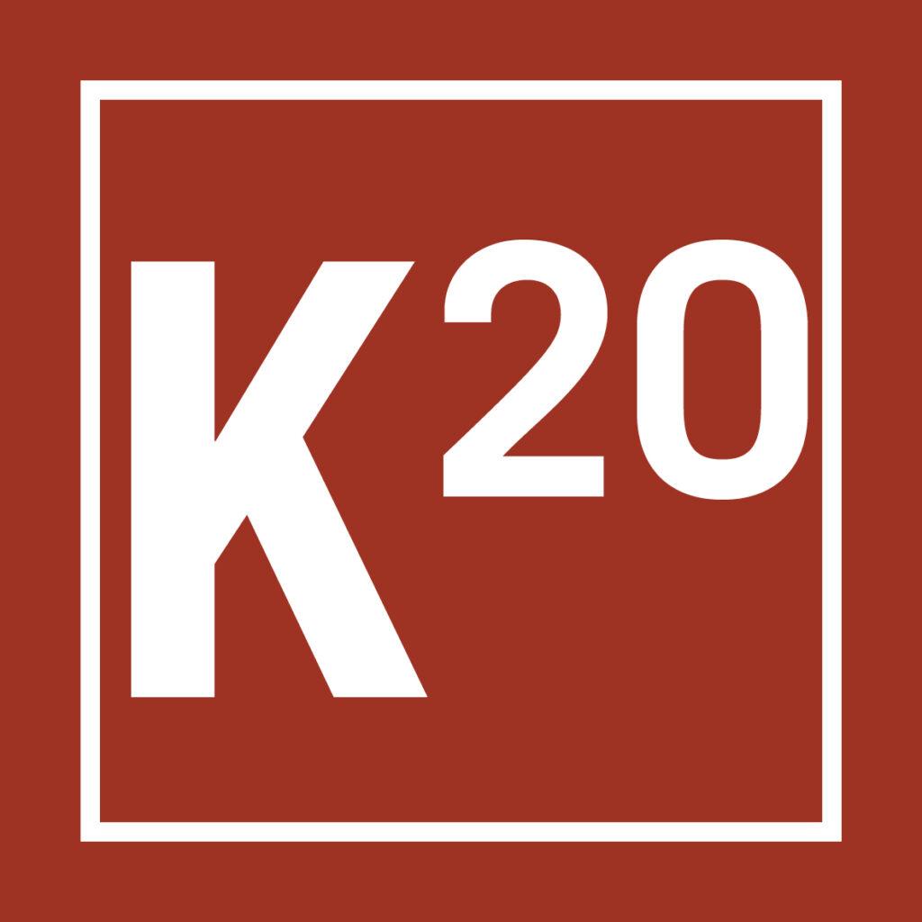 White letter "K" and number "20" inside a white square border on a solid reddish-brown background.