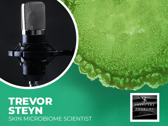 A close-up of a microphone on the left and a green, circular pattern resembling a microbe on the right. Text reads "Trevor Steyn, Skin Microbiome Scientist" with the Skincare Anarchy podcast logo.