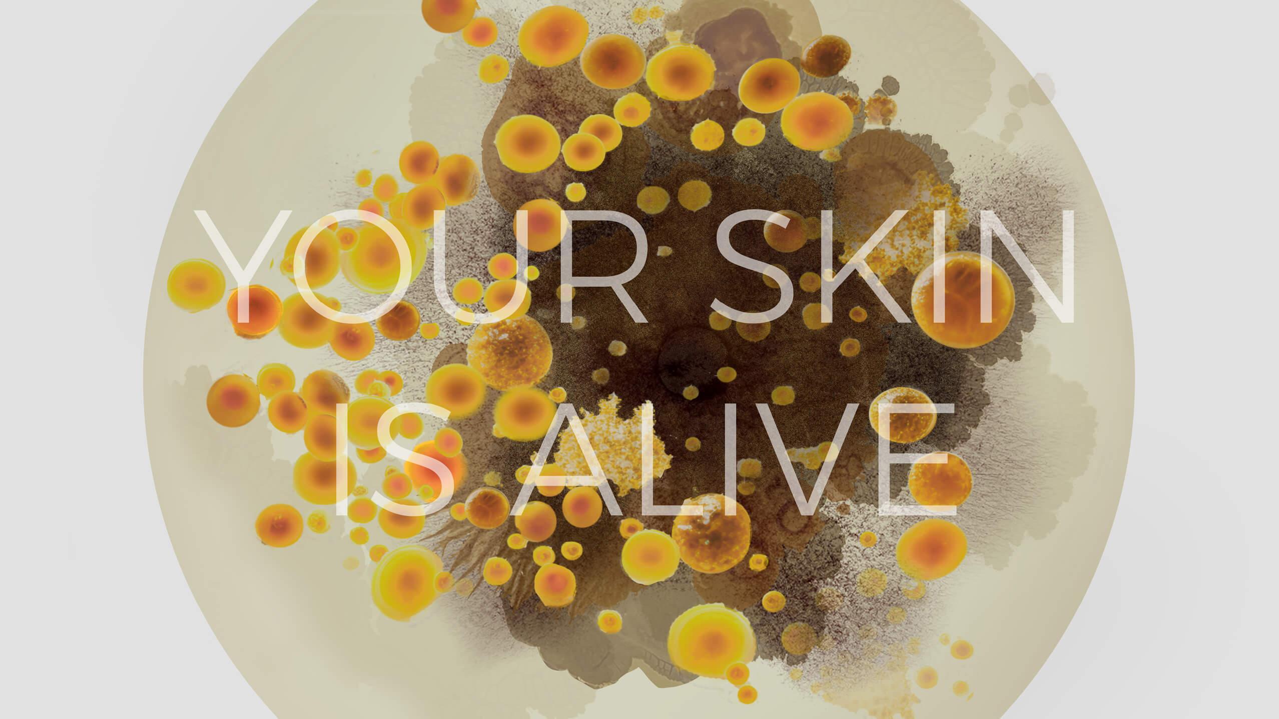 A circular pattern of orange and brown microbial colonies, resembling bacteria, with the text "YOUR SKIN IS ALIVE" overlaid in large, translucent white letters.