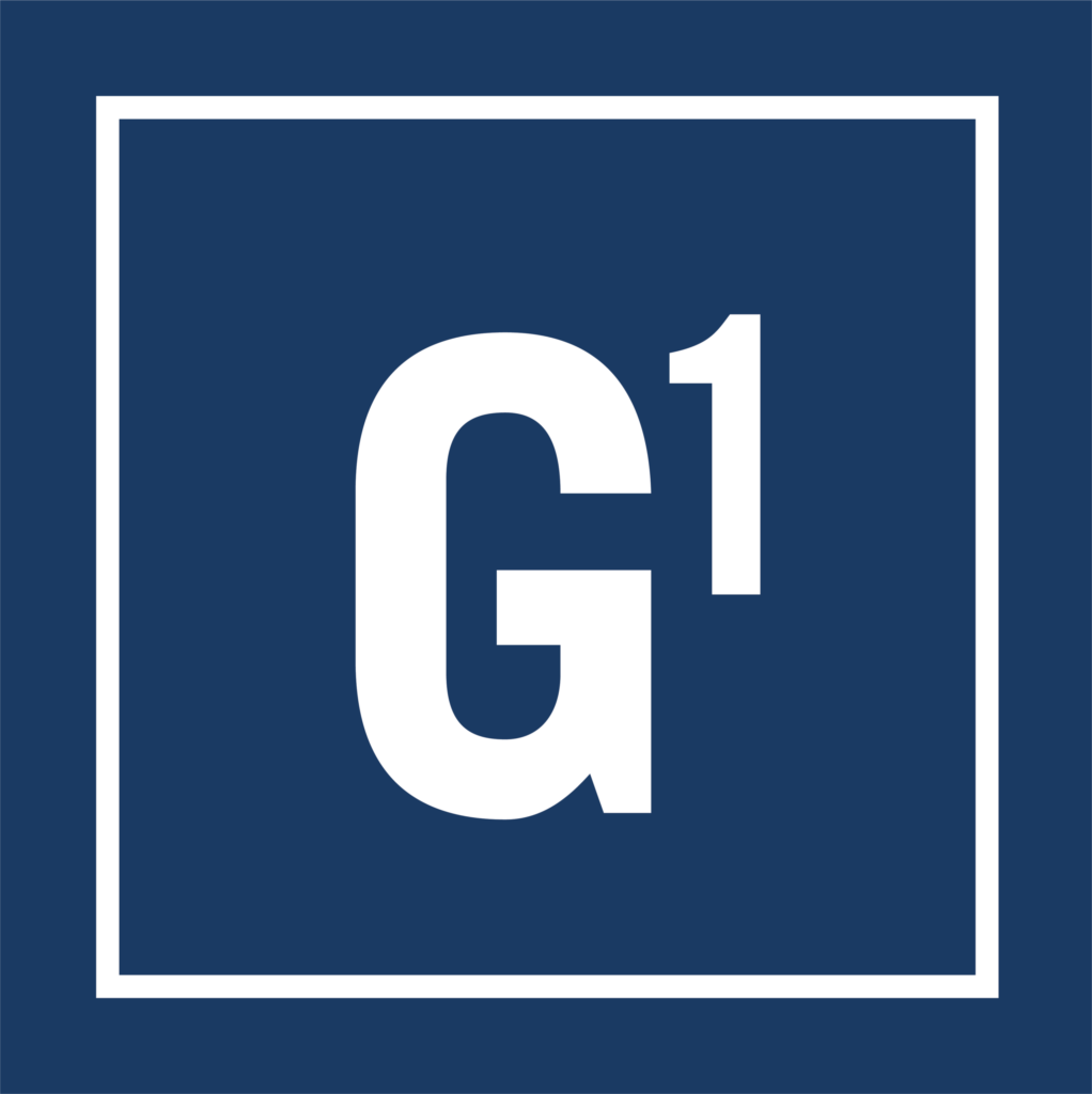White letter "G" and number "1" in bold font inside a white square border, all set against a dark blue background.