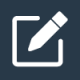 A simple white icon of a pencil writing on a square sheet of paper, set against a dark blue background.