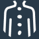 A simple white icon of a buttoned coat or jacket on a dark blue background, depicted with four buttons and stylized lapels.